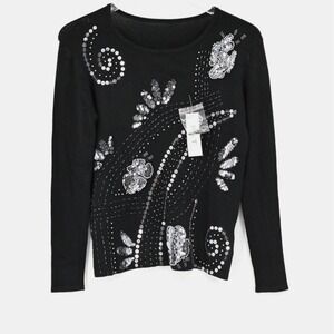 Vtg Y2k Sequin Floral Sweater Womens Size XS Black Knit Beaded Hippie Dead Stock
